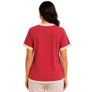<b>Red</b> Beige Womens V Neck Short Sleeve T Shirt Floral Embroidery Contrast Trim Casual Wholesale Fashion Apparel Manufacturer - Product Image 2