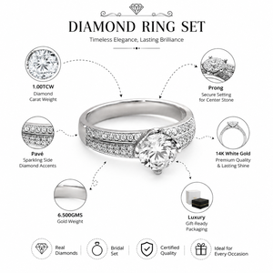 Real Round Cut Diamond Matching <b>Ring</b> <b>Set</b> in 14K White Gold for Women | Bridal Engagement Wedding Band Anniversary Elegant Gift - Product Image 5