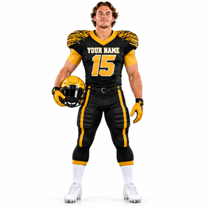 Ensemble d'uniformes de football américain personnalisés noir et or pour hommes, maillot et pantalon de football personnalisés avec casque assorti - Product Image 1