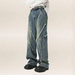 Jean baggy en denim délavé de haute qualité pour homme, style streetwear, poches cargo personnalisées, boutons et rivets, coupe ample - Product Image 1