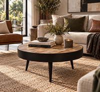Table basse ronde en bois de manguier massif au design scandinave moderne avec pieds noirs finition rustique Meubles de salon