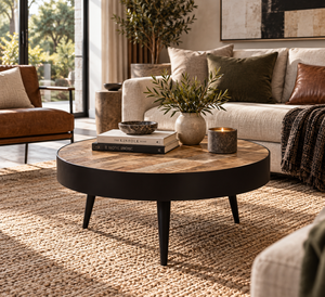 Scandinavian <b>Modern</b> Design Solid Mango Wood Round <b>Coffee</b> <b>Table</b> with <b>Black</b> Legs Rustic Finish Living Room Furniture - Product Image 1