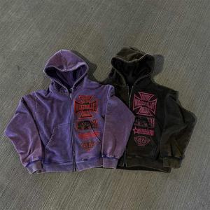 Sudadera con capucha para hombre con estampado DTG de gran tamaño y doble cremallera, sudadera con cremallera recortada con lavado ácido, sudadera Unisex desteñida Vintage Sun Faded - Product Image 2