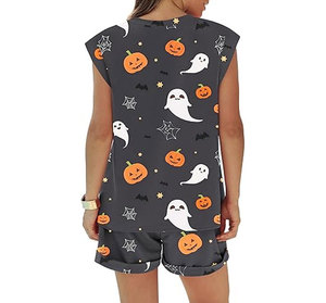 Conjunto de pantalones cortos sin mangas con estampado de dibujos animados de Halloween para mujer, conjunto informal holgado de dos piezas con cuello redondo y bolsillos - Product Image 4