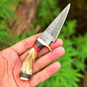 Cuchillo de desollar de acero de Damasco hecho a mano con hoja de punta caída y mango de cuerno y madera, cuchillo de camping para hombre - Personalizable ODM/OEM/OBM - Product Image 3