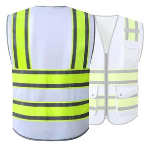 Gilet réfléchissant haute visibilité sans manches, vêtements de travail, fermeture éclair avec poches, couleur jaune fluorescent et blanc - Product Image 3
