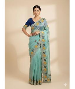 Saris indiens traditionnels en satin Fandy pur et doux avec des sequins étonnants et un travail multi-fils, et un chemisier en soie de Bangalore richement brodé. - Product Image 1