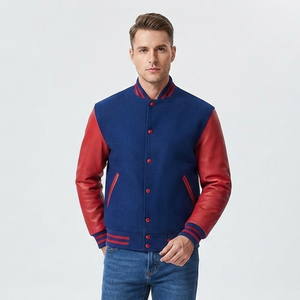 OEM Men's Varsity Bomber Jacket <b>Wool</b> Body Genuine Leather Sleeves Blue <b>Red</b> Baseball College Letterman Jacket Custom Wholesale - Product Image 1