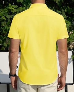 เสื้อเชิ้ตเดรสผู้ชายสีเหลือง แขนสั้น ทรงเข้ารูป คอตั้ง ผ้าซาตินถัก ระบายอากาศได้ดี ขายส่ง - Product Image 3