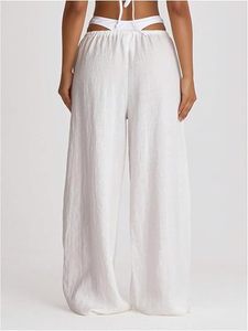 White Linen Wide Leg <b>Pants</b> High Waist Drawstring Loose Fit Full Length Casual <b>Summer</b> <b>Pants</b> With Pockets - Product Image 2