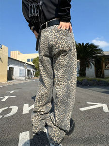 Pantalones Vaqueros Anchos Personalizados con Estampado de Leopardo, Transpirables, Ligeros, de Cintura Media, Corte Holgado, Estilo Casual Urbano para Hombre, Color Marrón con Patrón - Product Image 2
