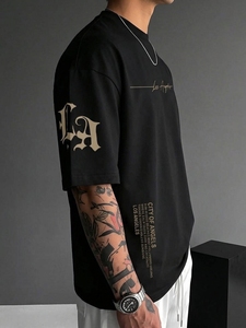 Camiseta de Manga Corta para Hombre, Oversize, Negra, con Estampado Digital de Letras, Cuello Redondo, Estilo Urbano, Algodón Jersey, Transpirable, Corte Regular - Product Image 2