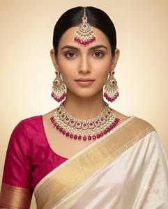 Handcrafted Round Stone Heavy Choker Necklace With Earrings And Mangtika Traditional Ethnic Designer Fashion <b>Jewellery</b> Wholesale - Product Image 5