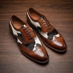 Chaussures habillées pour hommes en cuir véritable à imprimé vache, bout pointu, à lacets, respirantes, toutes saisons, semelle extérieure en cuir - Product Image 1