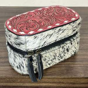 Hot <b>Sale</b> Hand Tooled Leather Oval Shape <b>Jewelry</b> <b>Box</b> with Zipper Cowhide Storing Necklace Ring Earrings Studs <b>for</b> Travel Storage - Product Image 4