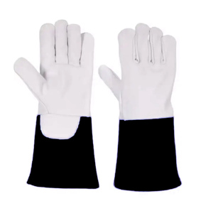 Gants de travail en cuir de vachette de qualité supérieure, blancs avec manchette bleue, résistants à la chaleur, pour soudure TIG, avec logo personnalisé - Product Image 6