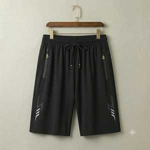 <b>Men's</b> Black Solid Anti-Wrinkle Mid Waist Drawstring Board <b>Shorts</b> with <b>Zip</b> <b>Pockets</b> Quick Dry Polyester Casual Sport OEM Service - Product Image 2