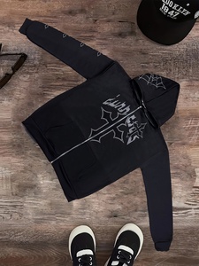Sudadera con capucha negra con cremallera y pedrería, de forro polar oversize, con estampado de letras, estilo urbano para hombre y unisex - Product Image 4