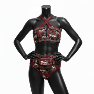 ชุดบิกินี่ผู้หญิงพรีเมียม โพลีเอสเตอร์คุณภาพสูง ผสมสแปนเด็กซ์ ลายกราฟิกสีแดงเบอร์กันดี พร้อมโลโก้สั่งทำพิเศษ - Product Image 1