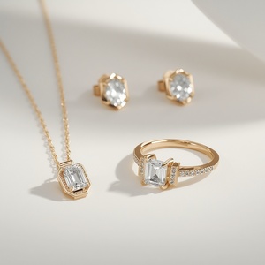 Emerald Cut Diamond Jewelry Set 9K Gold Pendant Necklace Ring Earrings Classic Women's Engagement Fine Jewelry - Product Image 3