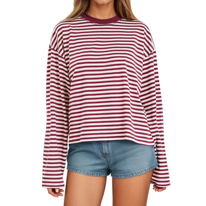 T-shirt pour femme à manches longues en viscose et coton, rayures inspirées de la marine, coupe décontractée, style nautique classique - Product Image 4