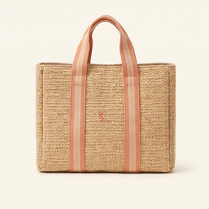 Sac fourre-tout en raphia naturel tissé à la main avec anses en sangle bleue et poignée en cuir – Écologique, idéal pour la plage et le shopping en été - Product Image 1