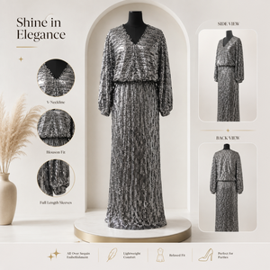 Women Silver <b>Sequin</b> Maxi Dress V Neck Long Sleeve Sparkle Evening Gown Elegant Party Cocktail Wedding Formal Prom Luxury Fashion - Product Image 5