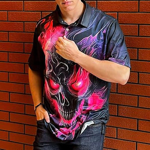 Camiseta de Polo para Bowling Negra con Gráfico de Calavera y Bandera Americana, Manga Corta, Tejido Deportivo, Ropa Casual de Equipo para Hombre - Product Image 6