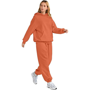 Conjunto Deportivo Casual de 2 Piezas para Mujer, Sudadera con Capucha Naranja y Pantalones Jogger, Top Corto de Felpa, Spandex, Corte Holgado, Color Sólido - Product Image 4