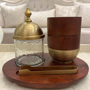 Ensemble de brûleur d'encens Bakhoor en bois et laiton de luxe avec pot en verre et plateau - Product Image 4
