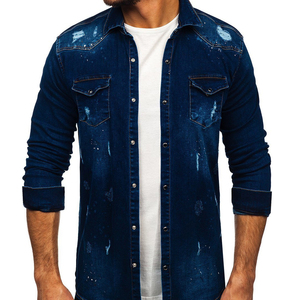 Chemise en jean formelle vintage à manches longues pour homme, unie, avec poches, 100 % coton, imperméable et respirante - Product Image 5