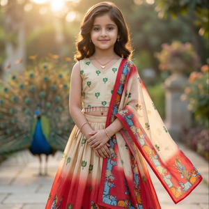 Ensemble Lehenga Choli pour Filles, Tenue Ethnique Indienne Entièrement Cousue, Imprimé Traditionnel, en Rayonne, Jupe Longue et Haut Court, pour Fête de Diwali - Product Image 1