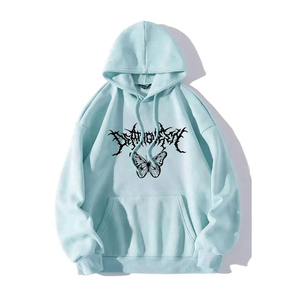 เสื้อฮู้ดผู้ชายสีฟ้าอ่อน ทรงโอเวอร์ไซส์ ผ้าฝ้ายเฟรนช์เทอร์รี่ พิมพ์ลายผีเสื้อ สไตล์ลำลอง ใส่ได้ในฤดูใบไม้ร่วง รับออกแบบตามสั่ง ODM - Product Image 1