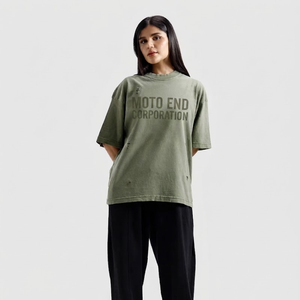T-shirt en coton surdimensionné Moto End Corporation à manches courtes et col rond, style streetwear décontracté, avec motif imprimé lettres sur le devant pour homme - Product Image 1