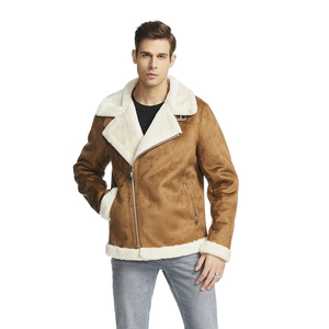 <b>Men's</b> Brown <b>Suede</b> Bomber <b>Jacket</b> With Faux Fur Lining Zipper Closure Winter Moto Coat Thick Windproof Turn-down Collar - Product Image 1