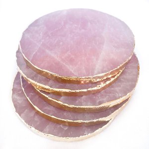 Posavasos de Cuarzo Rosa, Placa de Cristal Natural Pulido con Borde Dorado para Decoración del Hogar, Regalo - Product Image 3