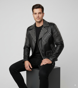 Men's Black PU Leather Biker Jacket With Rivet <b>Decoration</b> Turn-Down Collar Zipper Closure Slim Fit Moto Style Autumn Wear - Product Image 1