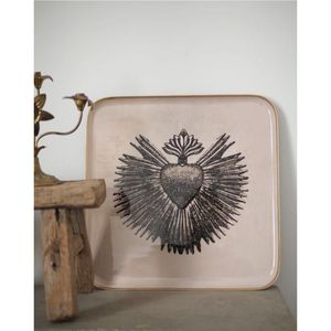 Luxury <b>Black</b> Metal Serving Tray with Brass Sacred Heart | Decorative Metal Enamel Tray for Home Decor & Wedding Gift Platter - Product Image 2