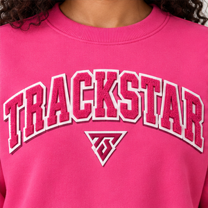 เสื้อสเวตเชิ้ตคอกลมสีชมพูสดสำหรับผู้หญิง แขนยาว ทรงหลวม พิมพ์ลายตัวอักษรแบบ Varsity พร้อมโลโก้สั่งทำพิเศษ - Product Image 6