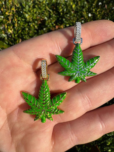 <b>Solid</b> Real <b>Gold</b> Plated Green Leaf <b>Pendant</b> With Rhinestone Inlay Hiphop Style Charm Unisex Fashion Jewelry - Product Image 3