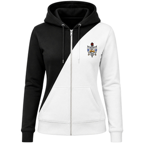 Sweat-shirt à capuche zippé intégral pour femme, personnalisé, noir et blanc, à deux empiècements croisés, color block, manches longues, style décontracté pour sororité - Product Image 1