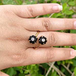 Women elegant jewelry black onyx with white cz <b>adjustable</b> <b>ring</b> solid brass 18k gold plated hand carved flower double stone <b>rings</b> - Product Image 2