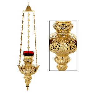 Bougie suspendue en laiton orné avec verre rouge pour veilleuse |   Lampe de sanctuarium d'église – DOUBLE VEE EXPORTS - Product Image 1