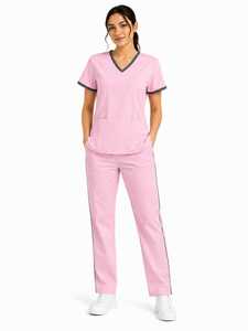 Private Label OEM Women's Hospital Contrast Trim V-Neck <b>Scrub</b> <b>Set</b> Side Stripe Pants Nursing Uniform Wholesale Medical <b>Scrubs</b> - Product Image 1