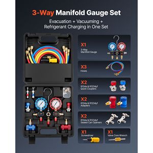 Set di Manometri AC con Tubi da 5 Piedi, Attacchi Rapidi e Adattatori per Refrigeranti R134a, R404A, R1234yf, R22 per Sistemi di Climatizzazione - Product Image 2