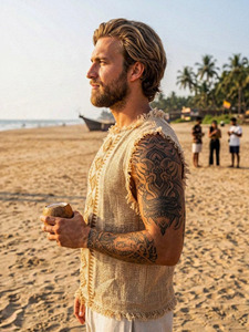 Chemise sans manches de style kurta en jute artisanale pour homme, de style bohème, rustique et de qualité supérieure, avec broderie tribale géométrique traditionnelle - Product Image 2