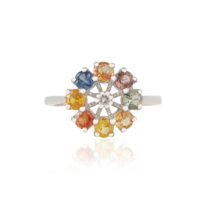 Bague grappe de fleurs en argent 925 plaqué rhodium, saphir multicolore taille diamant, sertie à griffes, style classique, pour femme, usage quotidien - Product Image 1