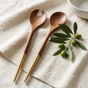 Luxury Modern Eco-Friendly Acacia Wood Salad Server Set <b>Gold</b> Brass Handles Handcrafted <b>Serving</b> <b>Spoon</b> Fork Home Hotel Tableware - Product Image 2