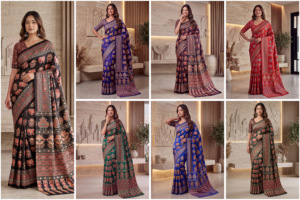 Sari Tradicional Indio de Seda con Estampado Digital Ajrak, Diseño de Elefantes Azules, para Bodas, Largo hasta el Suelo, Corte Regular para Mujer - Product Image 6