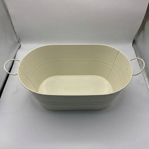 Modern Cream White Oval Galvanized Steel <b>Ice</b> Bucket With Wire Side Handles Powder Coated Metal Party Beverage Tub Supply - Product Image 2